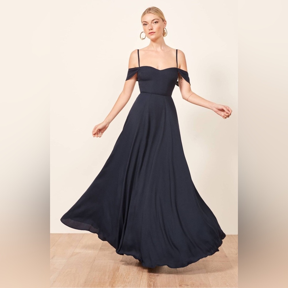 REFORMATION Navy Blue Off Shoulder POPPY Sweetheart Maxi Dress 0P US